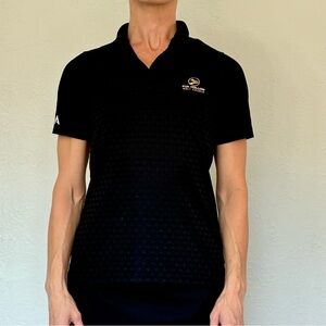 COMFY, Black textured polo shirt with gold Fox Hollow logo #golf